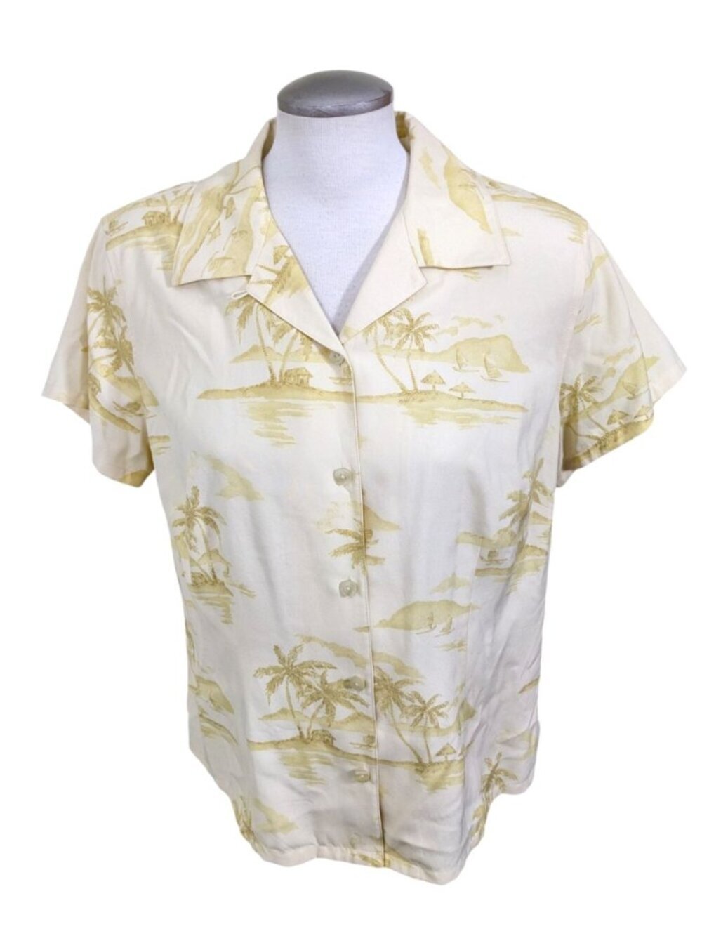 Liz Claiborne Womens L Silk Y2K Button Front Blouse Yellow Tropical Resort Chic